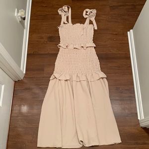 Long beige smocked maxi dress